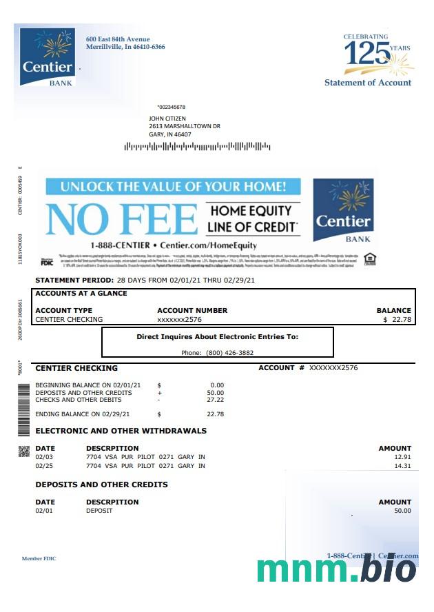 Szablon wyciągu bankowego USA Indiana Centier w formacie Excel i PDF